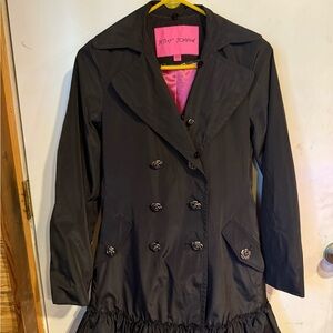 Betsey Johnson Black Ruffle Trim Pink Lined Trench Coat With Rose Buttons Size S